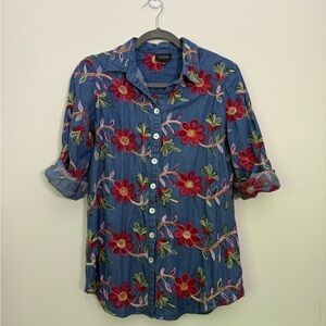 Blue and Red embroidered Floral Button Down Shirt 3/4 Sleeve Notched Collar